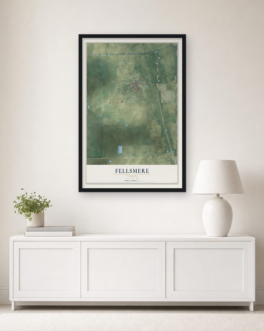 The Fellsmere, Florida map, 24 x 36 in, in a black wood frame on a living room wall