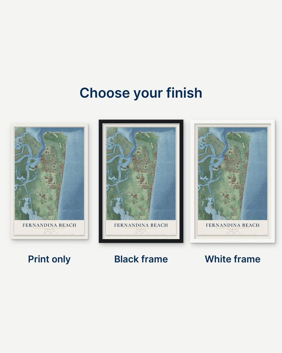 The Fernandina Beach, Florida map as a print only, in a black frame and in a white frame