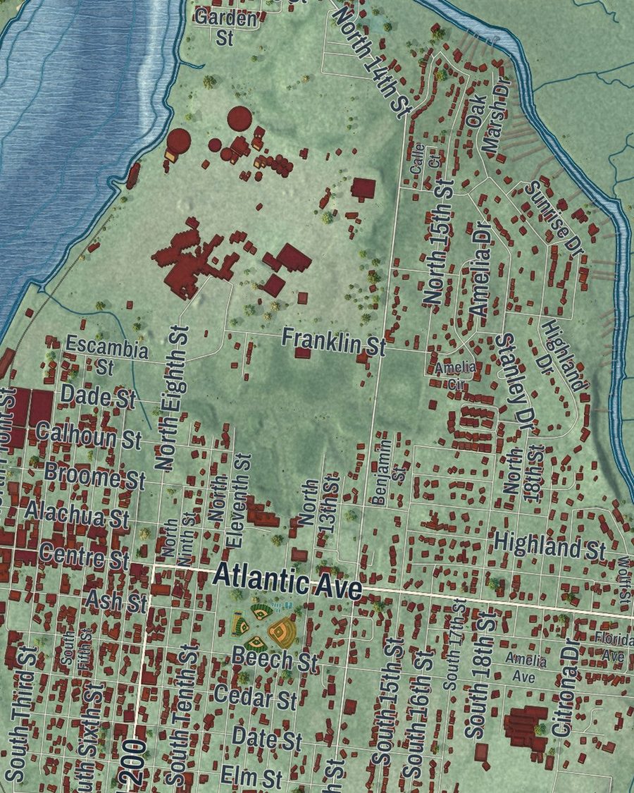 Close-up of Fernandina Beach streets on the map
