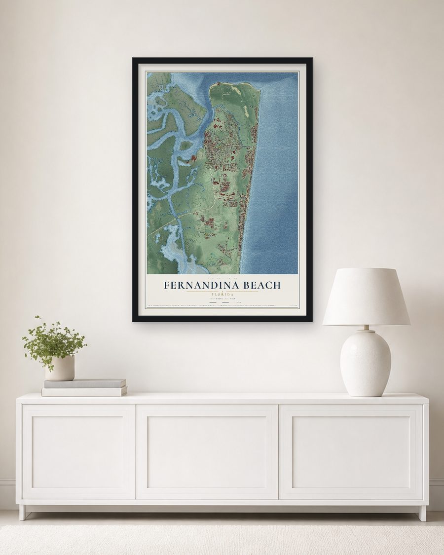 The Fernandina Beach, Florida map, 24 x 36 in, in a black wood frame on a living room wall