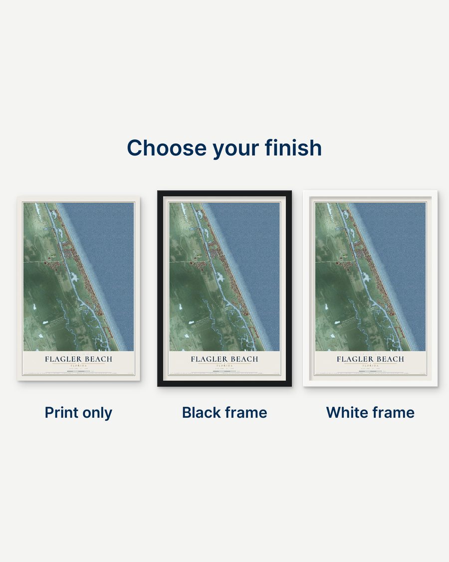 The Flagler Beach, Florida map as a print only, in a black frame and in a white frame