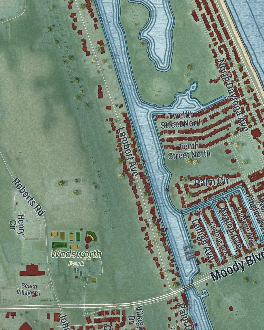Close-up of Flagler Beach streets on the map