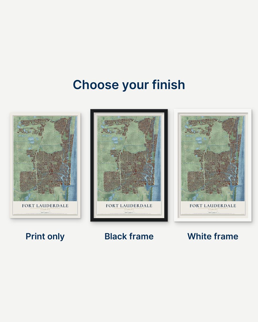 The Fort Lauderdale, Florida map as a print only, in a black frame and in a white frame