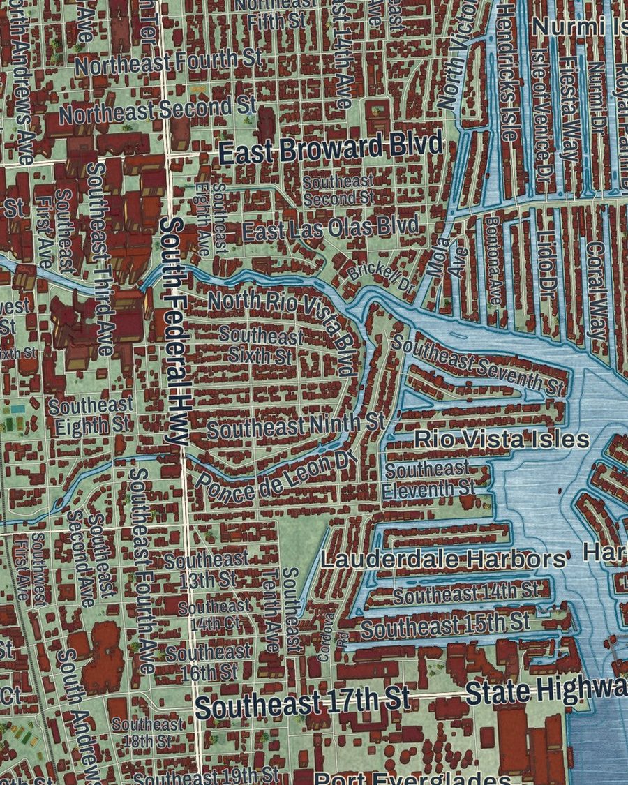 Close-up of Fort Lauderdale streets on the map