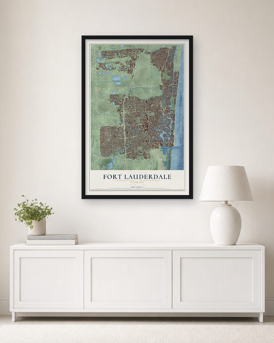 The Fort Lauderdale, Florida map, 24 x 36 in, in a black wood frame on a living room wall