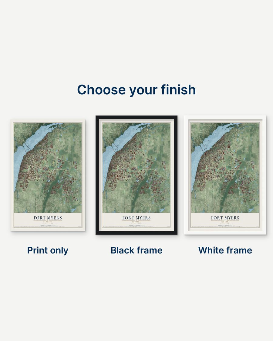 The Fort Myers, Florida map as a print only, in a black frame and in a white frame