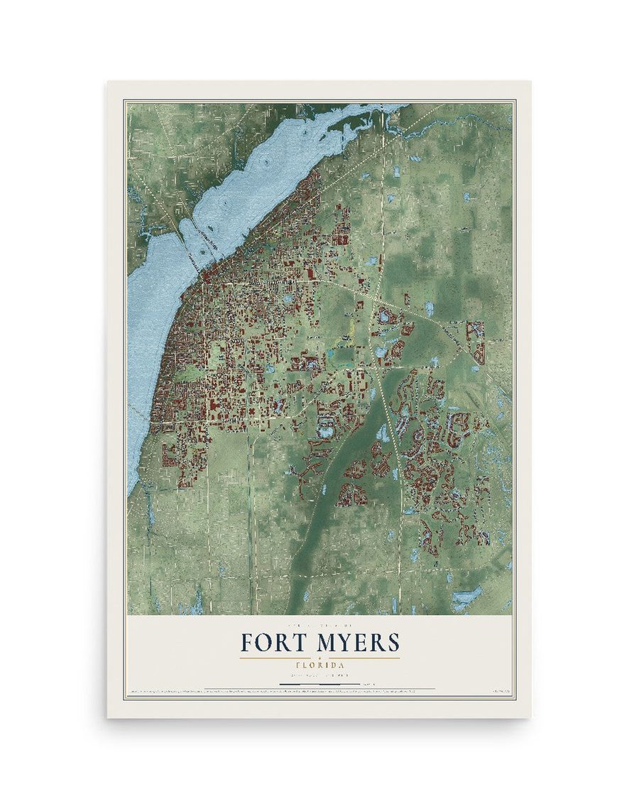 Fort Myers, Florida map print, 12 x 18 in, print only