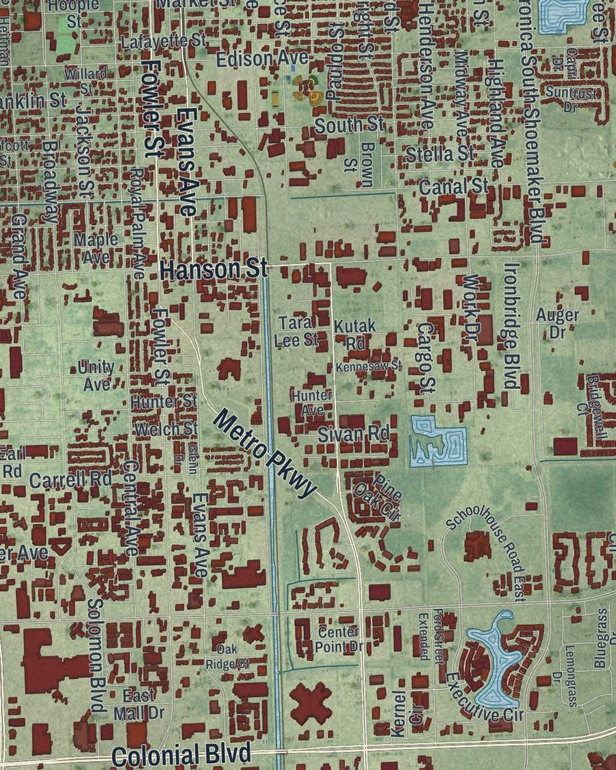 Close-up of Fort Myers streets on the map