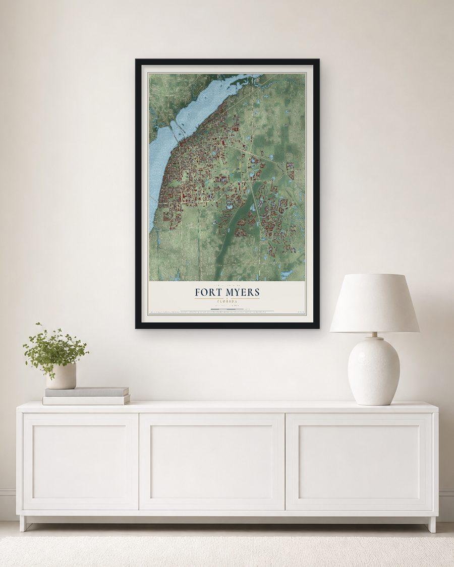 The Fort Myers, Florida map, 24 x 36 in, in a black wood frame on a living room wall