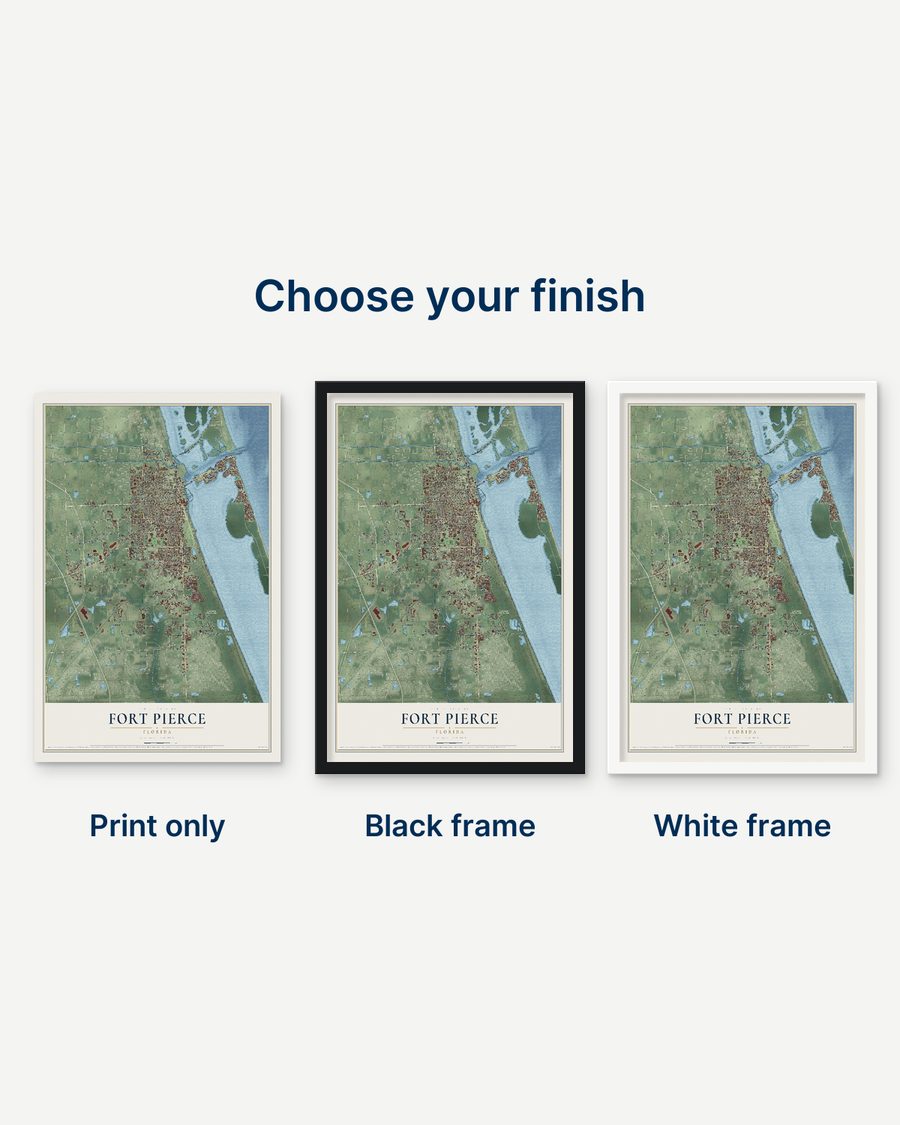 The Fort Pierce, Florida map as a print only, in a black frame and in a white frame