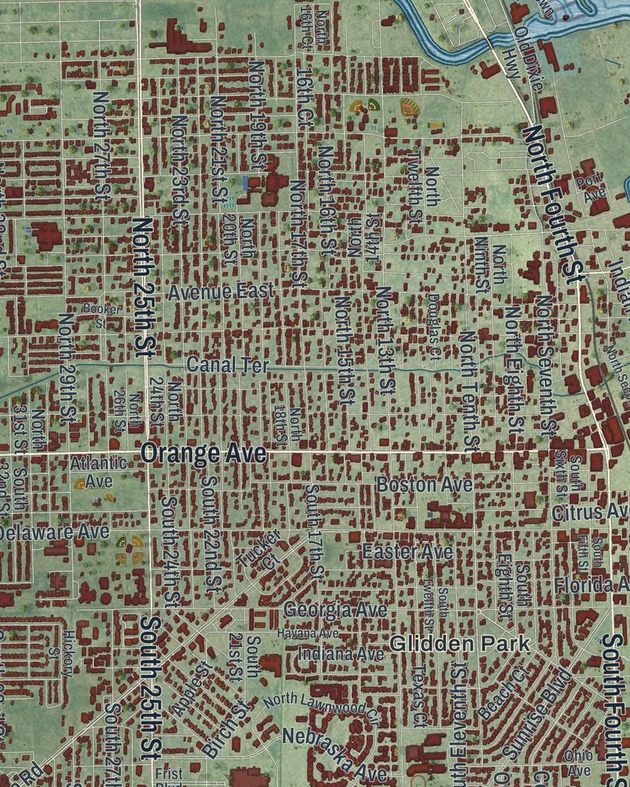 Close-up of Fort Pierce streets on the map
