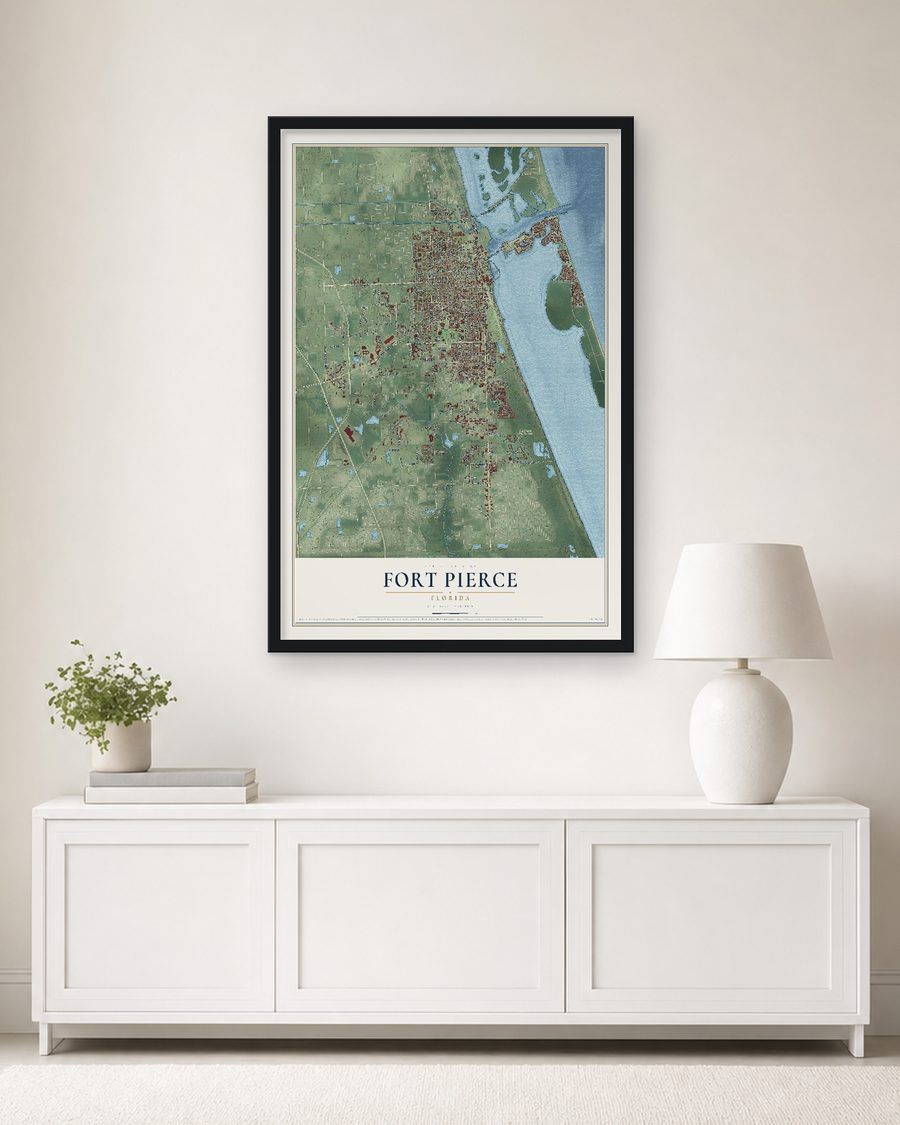 The Fort Pierce, Florida map, 24 x 36 in, in a black wood frame on a living room wall