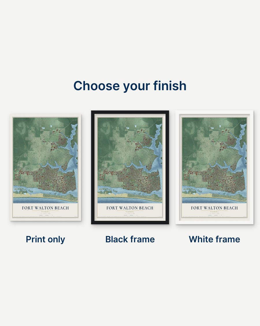 The Fort Walton Beach, Florida map as a print only, in a black frame and in a white frame