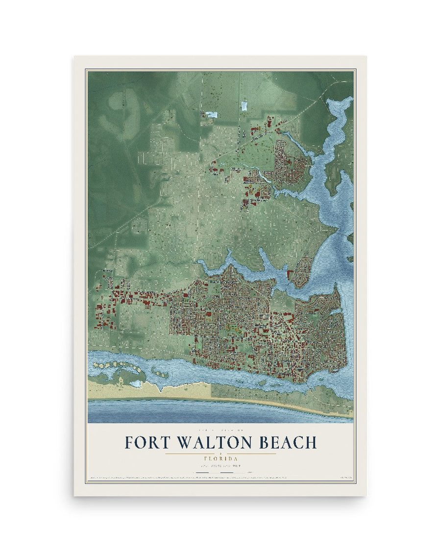 Fort Walton Beach, Florida map print, 12 x 18 in, print only
