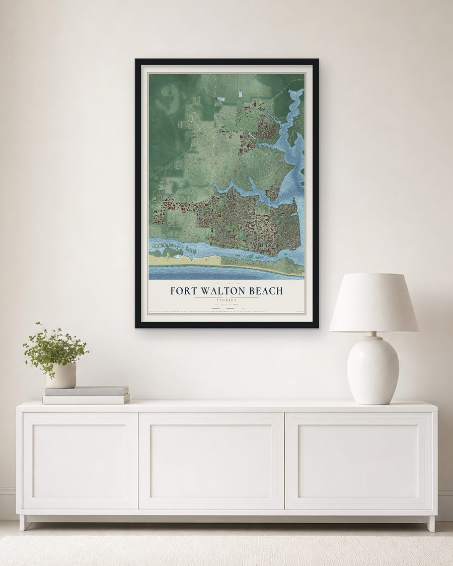 The Fort Walton Beach, Florida map, 24 x 36 in, in a black wood frame on a living room wall