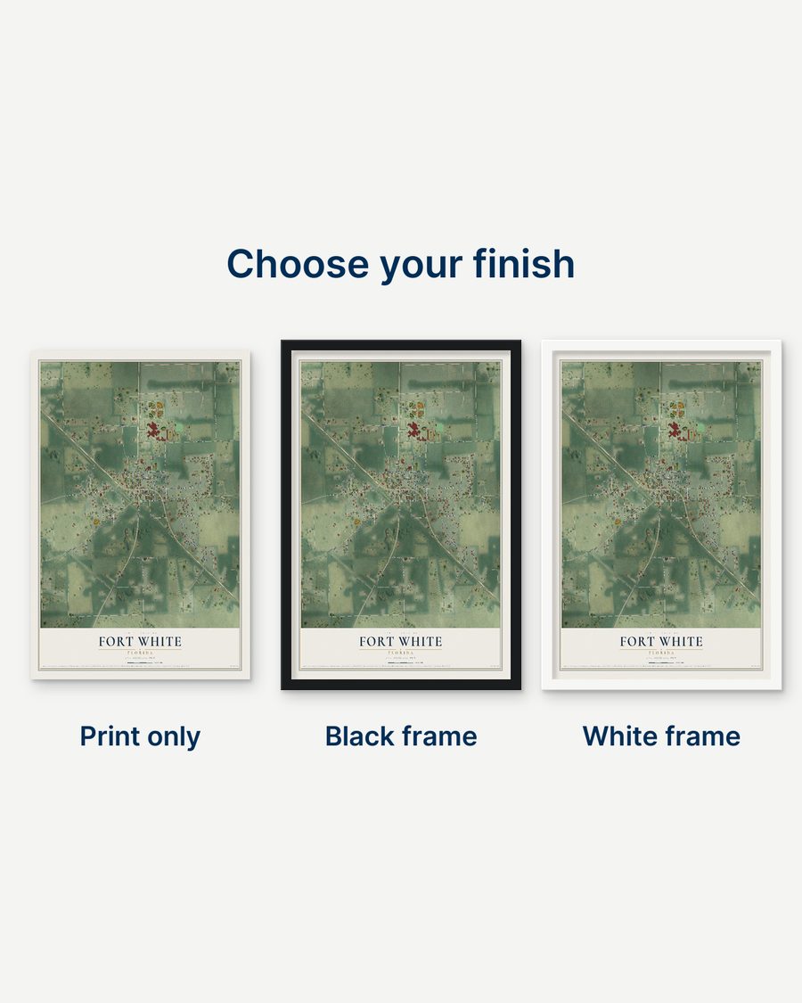 The Fort White, Florida map as a print only, in a black frame and in a white frame