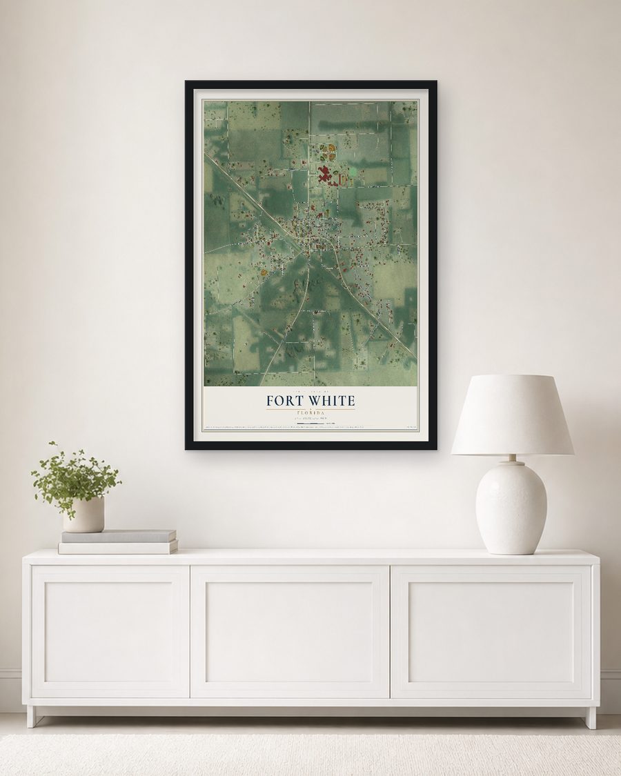 The Fort White, Florida map, 24 x 36 in, in a black wood frame on a living room wall