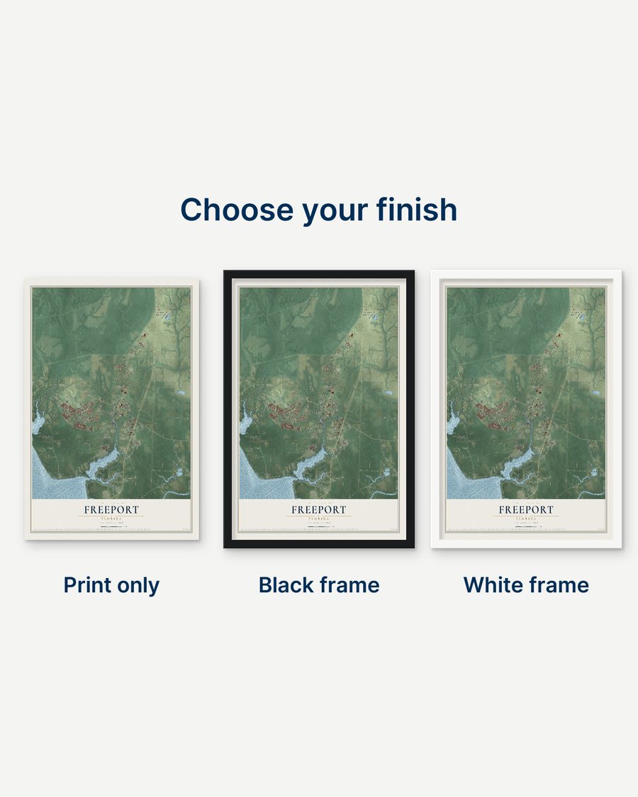 The Freeport, Florida map as a print only, in a black frame and in a white frame