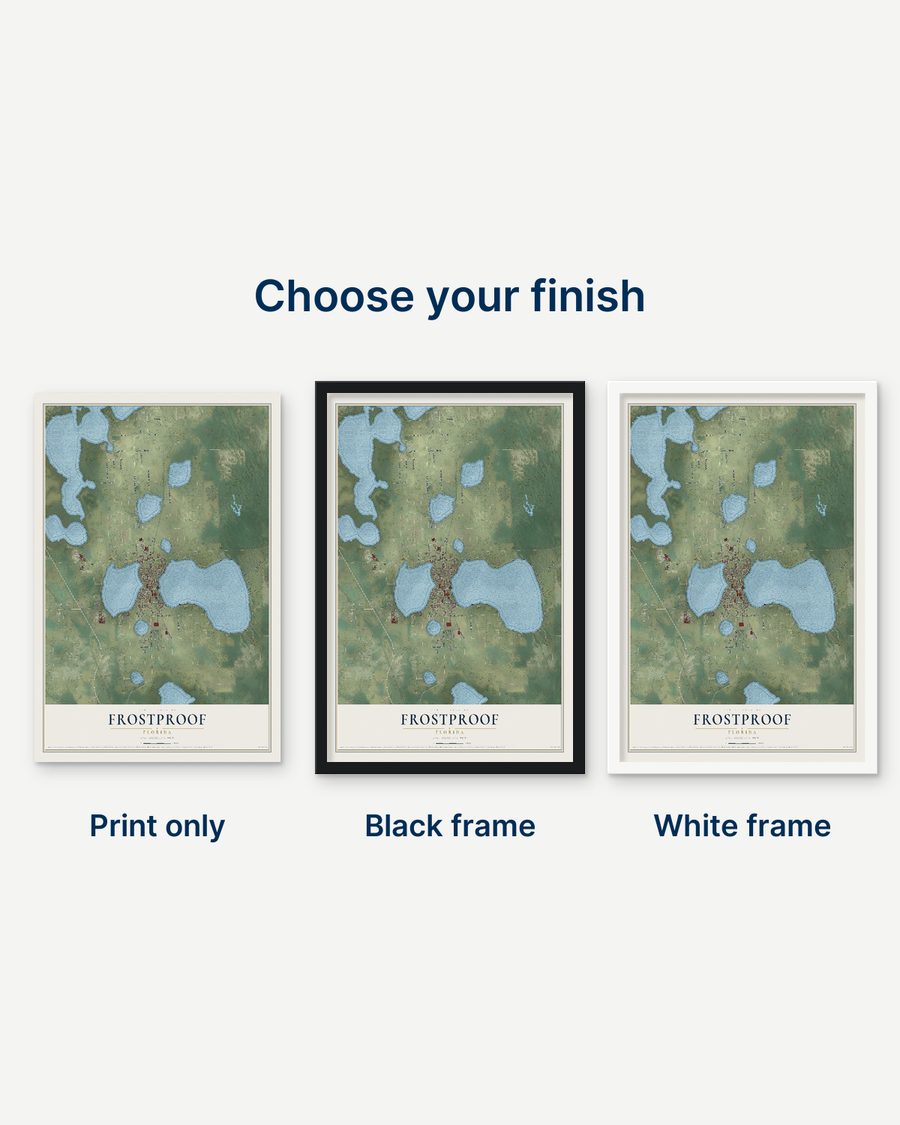 The Frostproof, Florida map as a print only, in a black frame and in a white frame