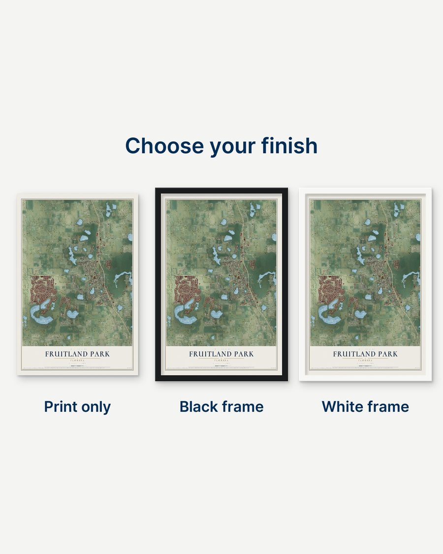 The Fruitland Park, Florida map as a print only, in a black frame and in a white frame