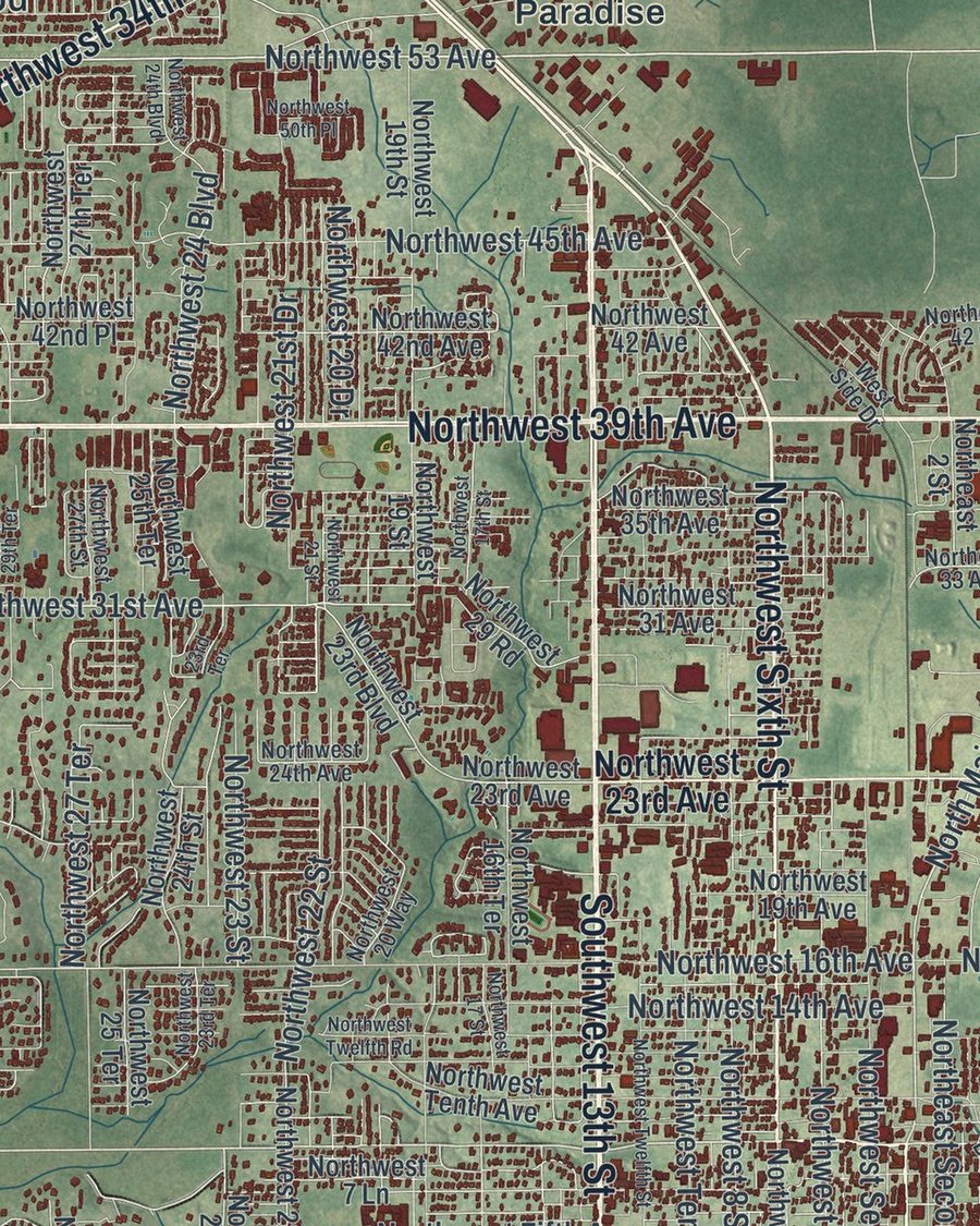 Close-up of Gainesville streets on the map