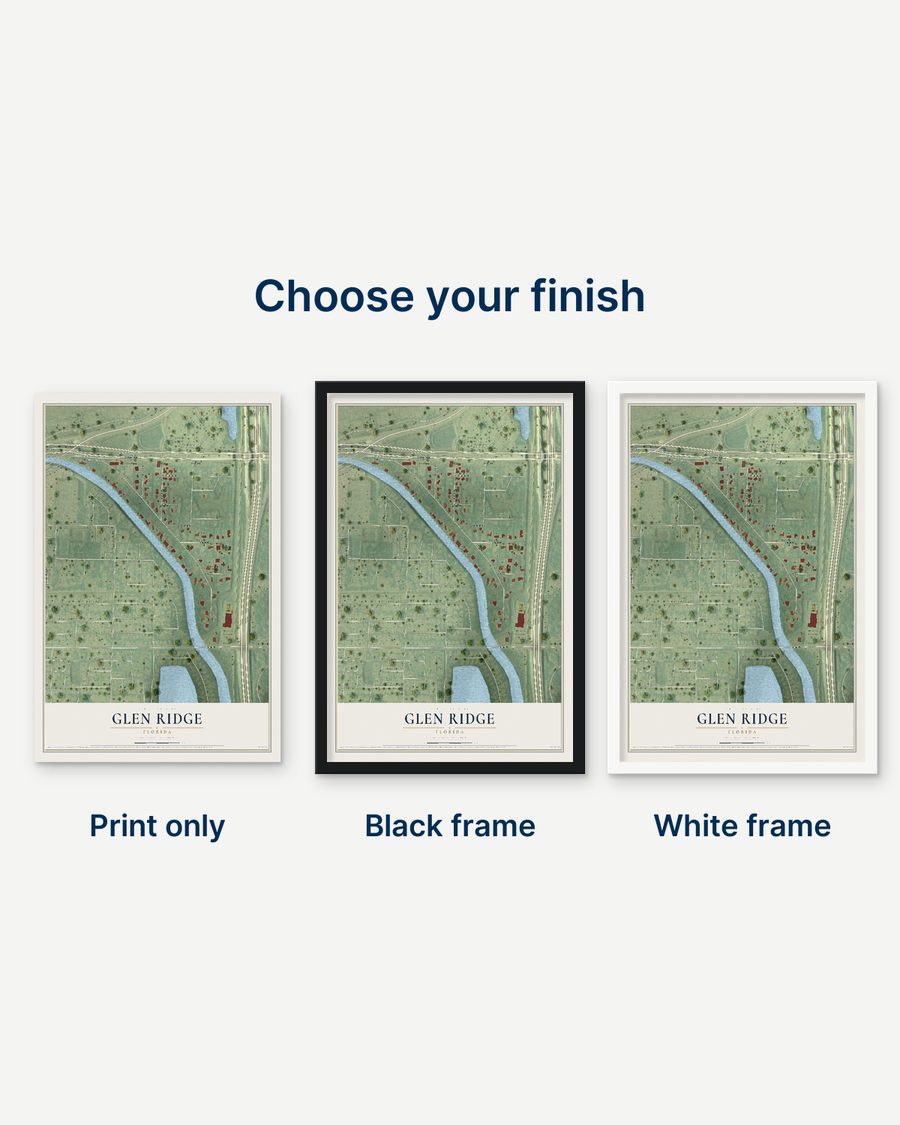 The Glen Ridge, Florida map as a print only, in a black frame and in a white frame