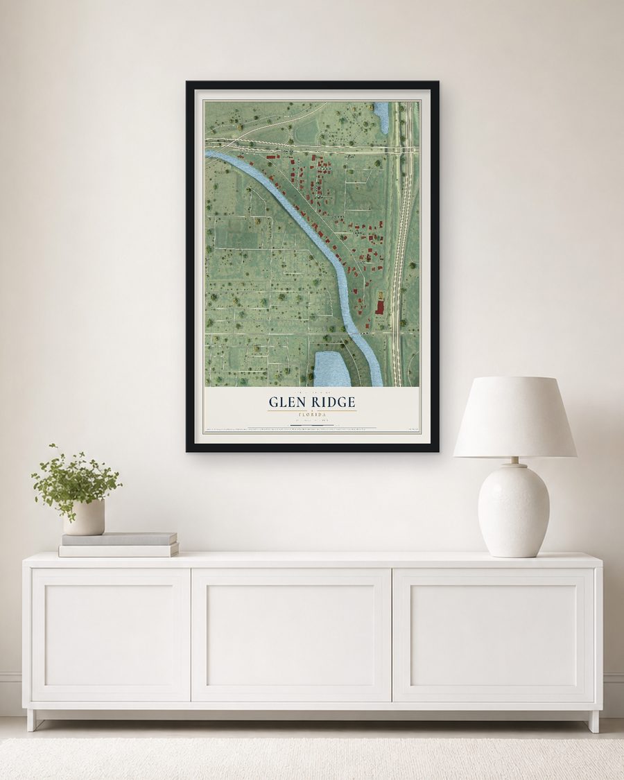 The Glen Ridge, Florida map, 24 x 36 in, in a black wood frame on a living room wall