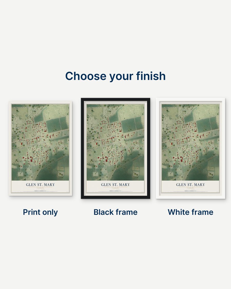 The Glen St. Mary, Florida map as a print only, in a black frame and in a white frame