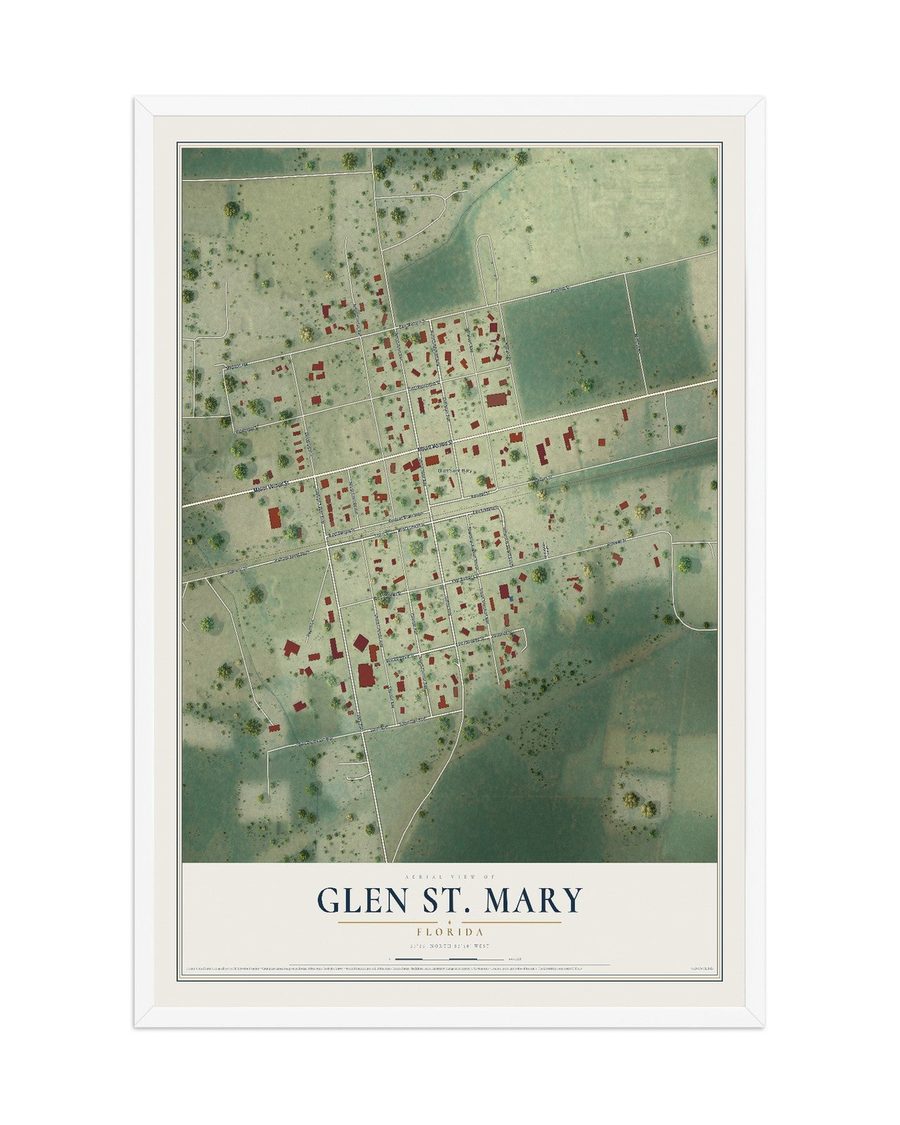 Glen St. Mary, Florida map print, 12 x 18 in, white wood frame