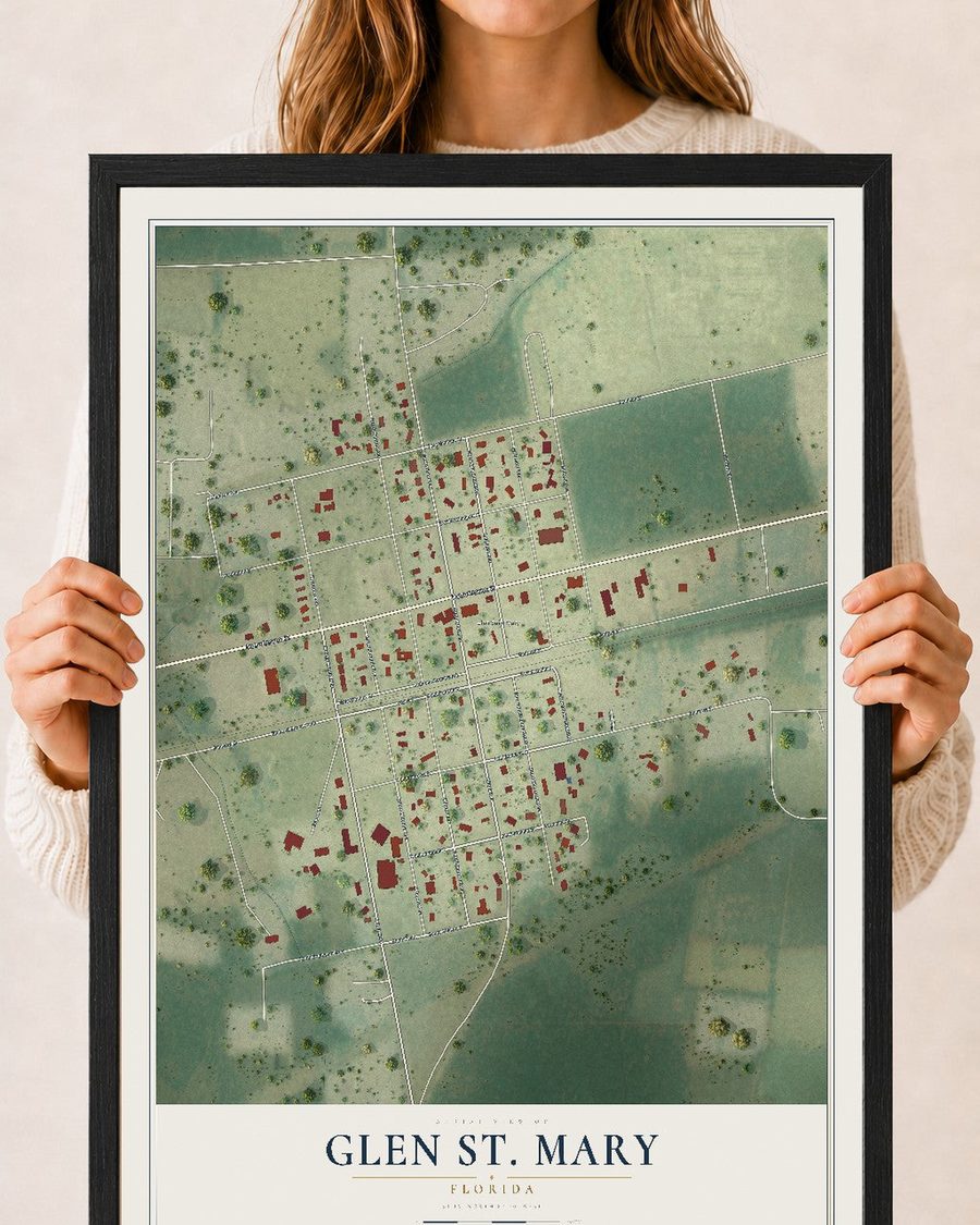 Glen St. Mary, Florida map print, 18 x 24 in, black wood frame