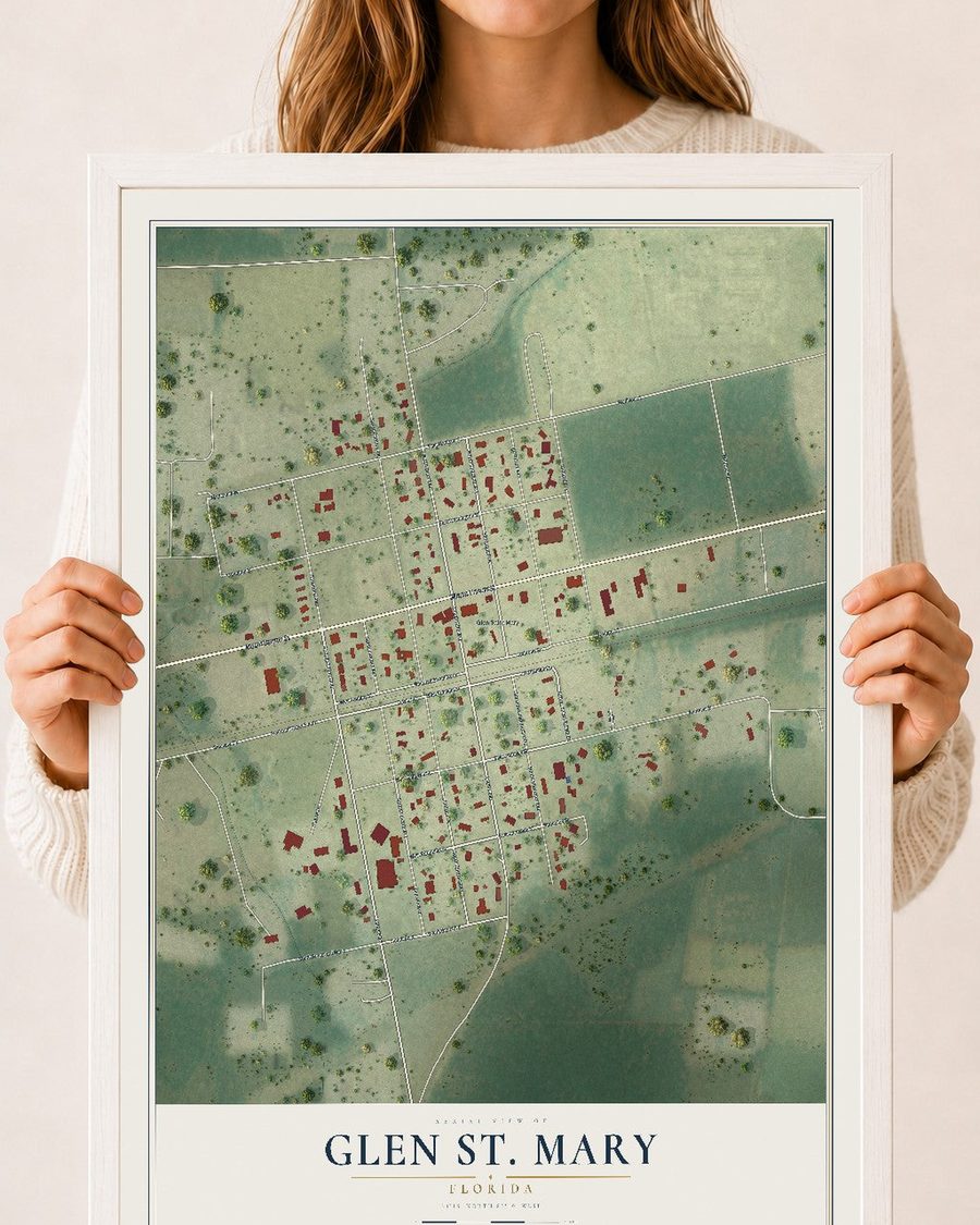 Glen St. Mary, Florida map print, 18 x 24 in, white wood frame