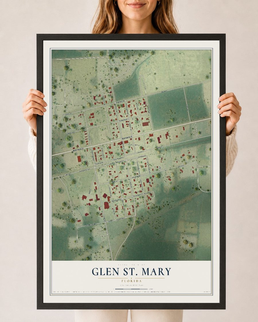 Glen St. Mary, Florida map print, 24 x 36 in, black wood frame