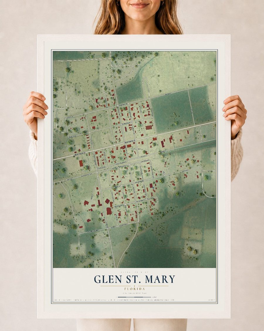 Glen St. Mary, Florida map print, 24 x 36 in, white wood frame