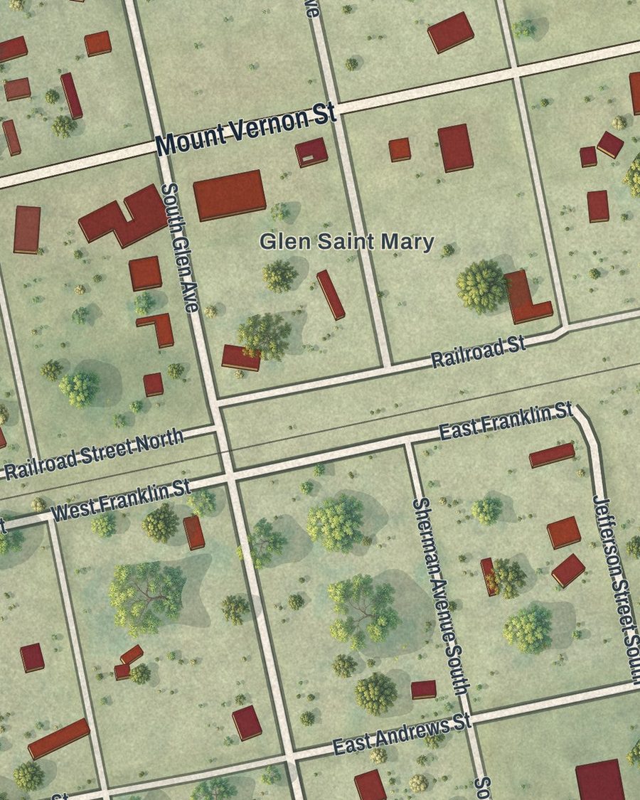 Close-up of Glen St. Mary streets on the map