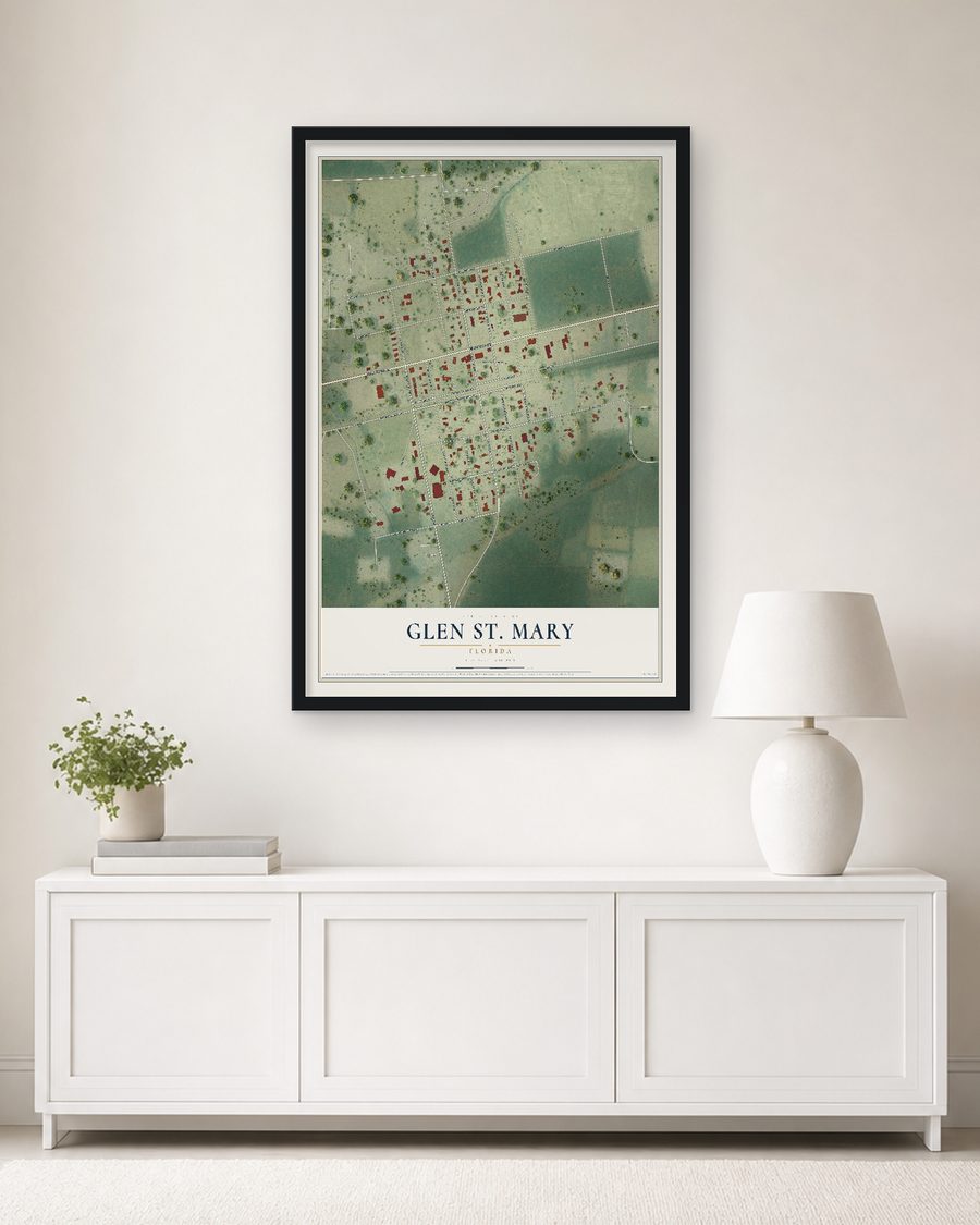 The Glen St. Mary, Florida map, 24 x 36 in, in a black wood frame on a living room wall