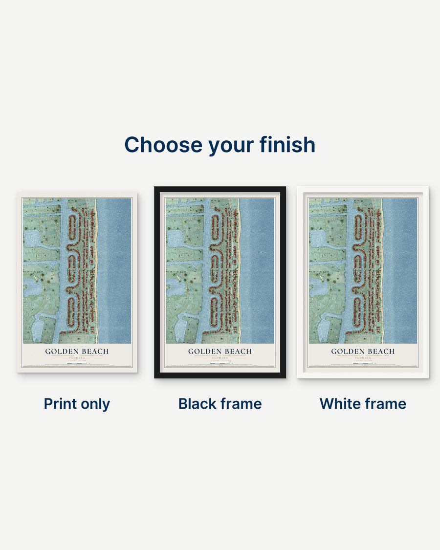 The Golden Beach, Florida map as a print only, in a black frame and in a white frame