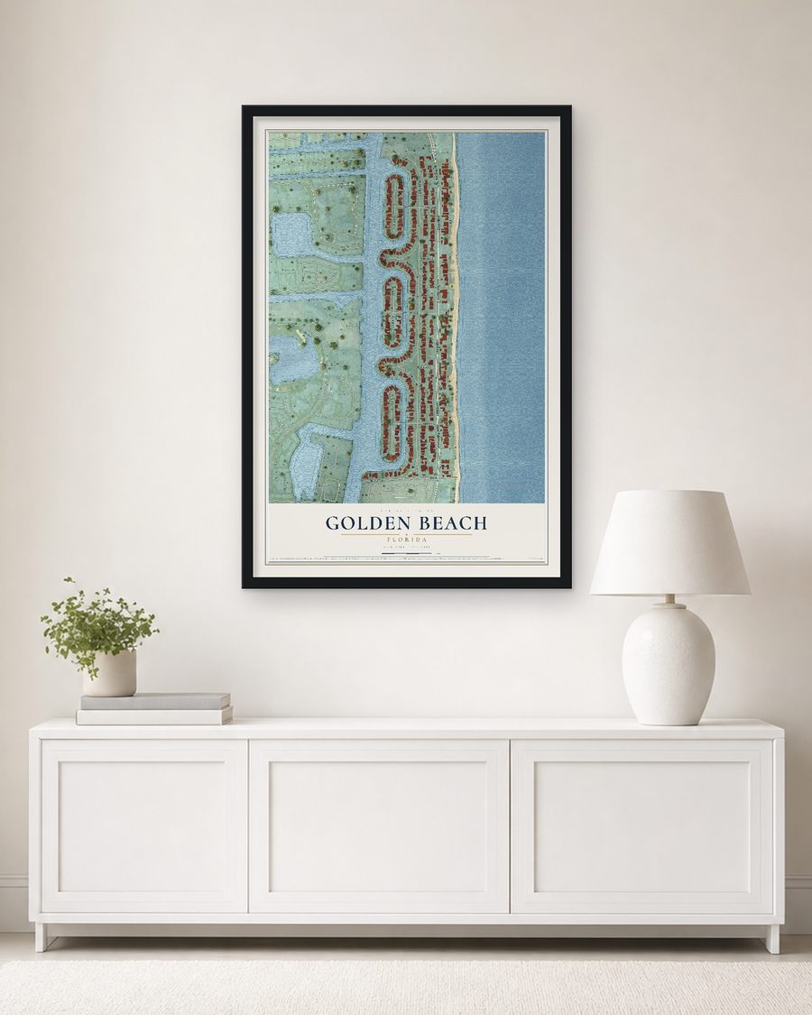The Golden Beach, Florida map, 24 x 36 in, in a black wood frame on a living room wall