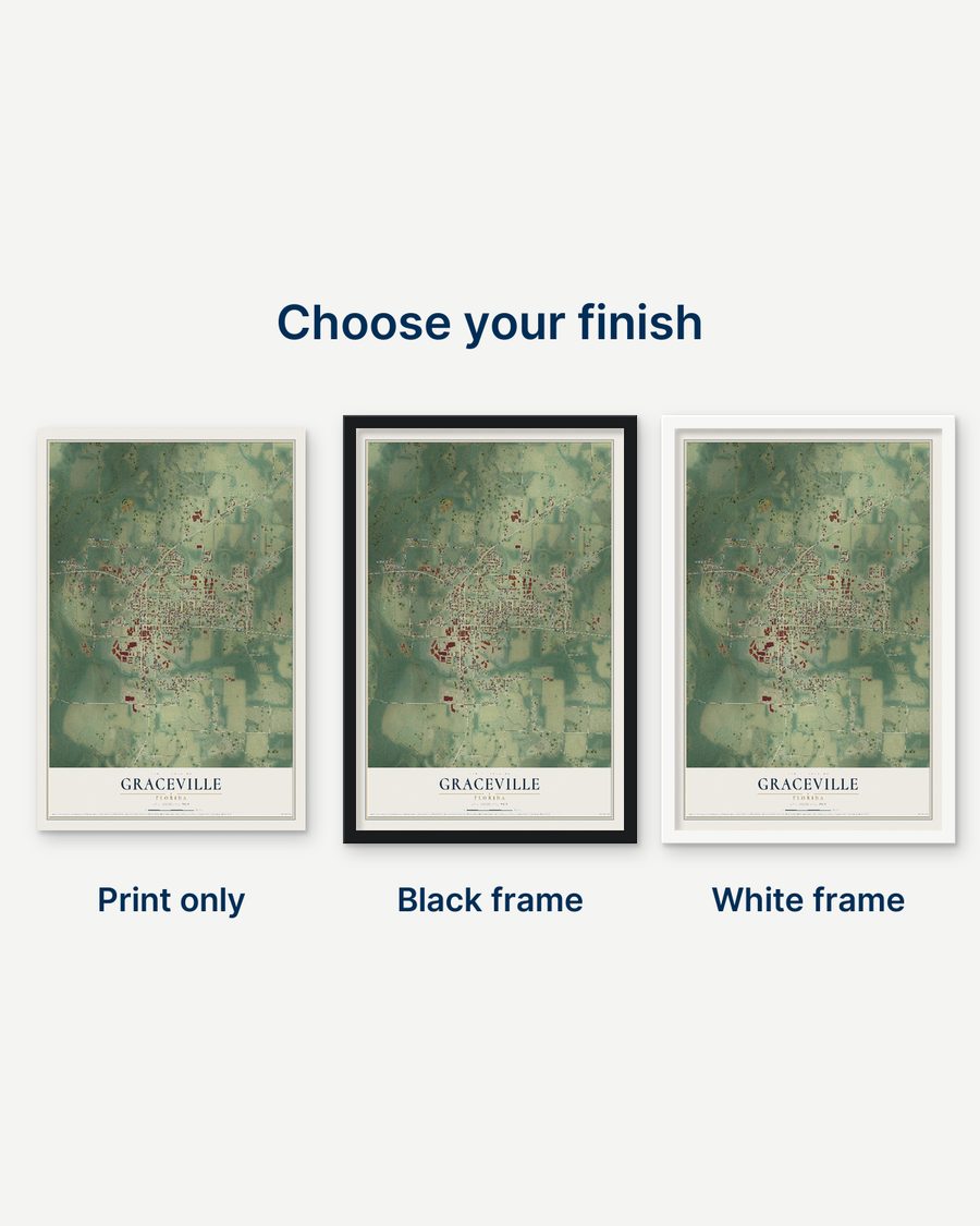 The Graceville, Florida map as a print only, in a black frame and in a white frame