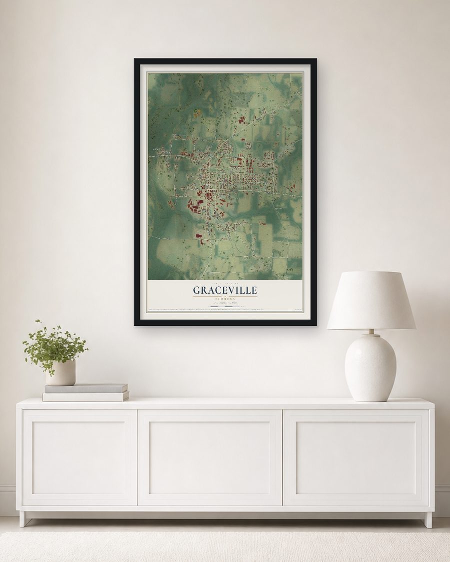 The Graceville, Florida map, 24 x 36 in, in a black wood frame on a living room wall