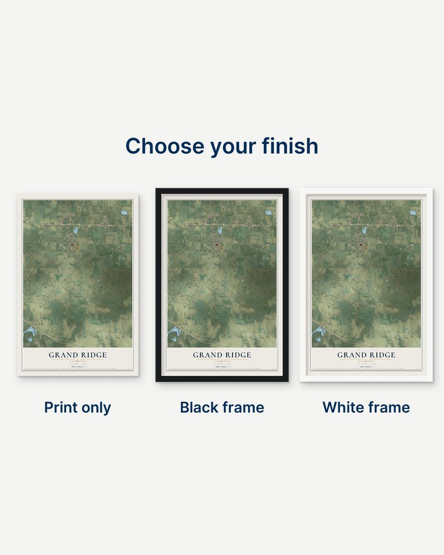 The Grand Ridge, Florida map as a print only, in a black frame and in a white frame