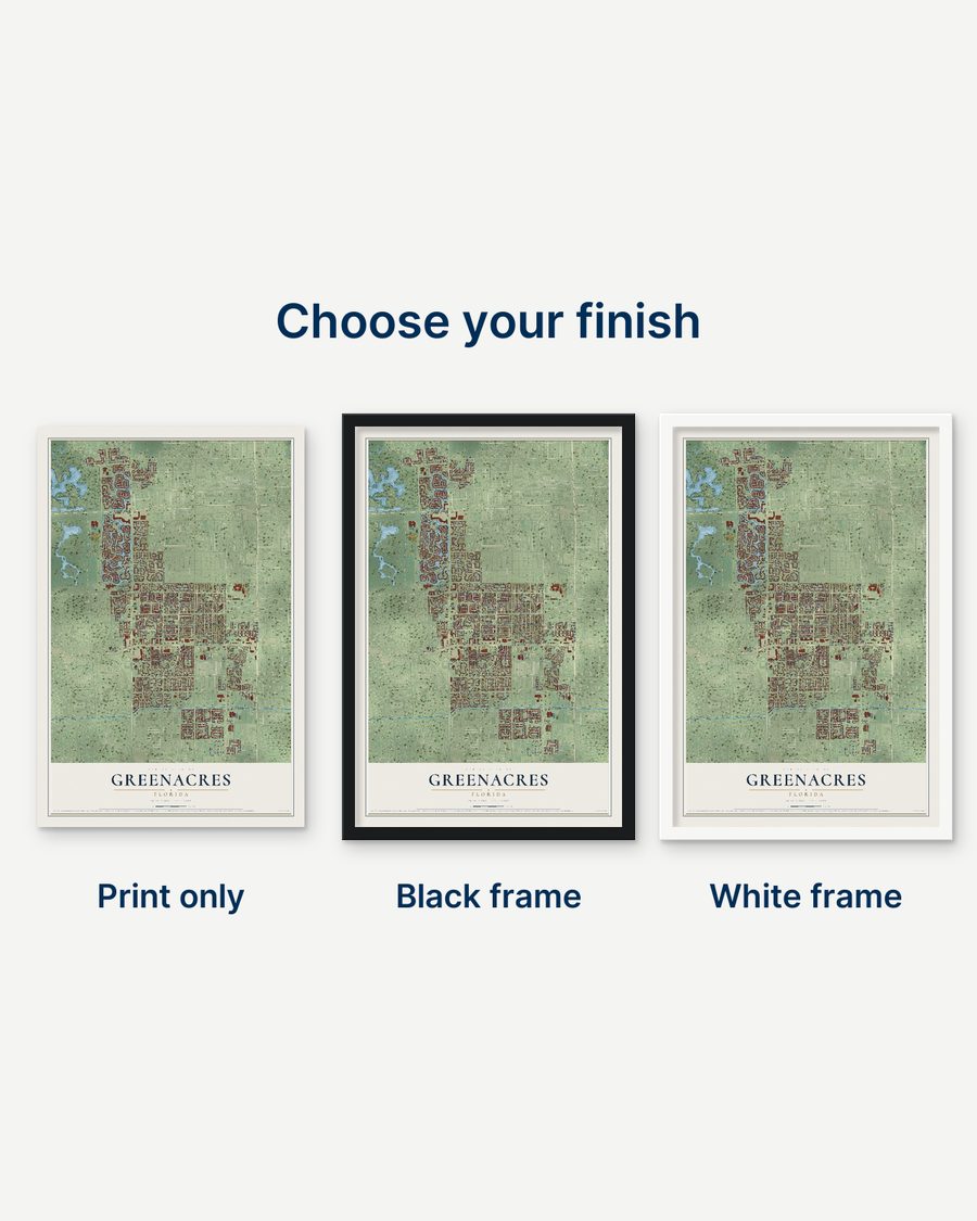 The Greenacres, Florida map as a print only, in a black frame and in a white frame