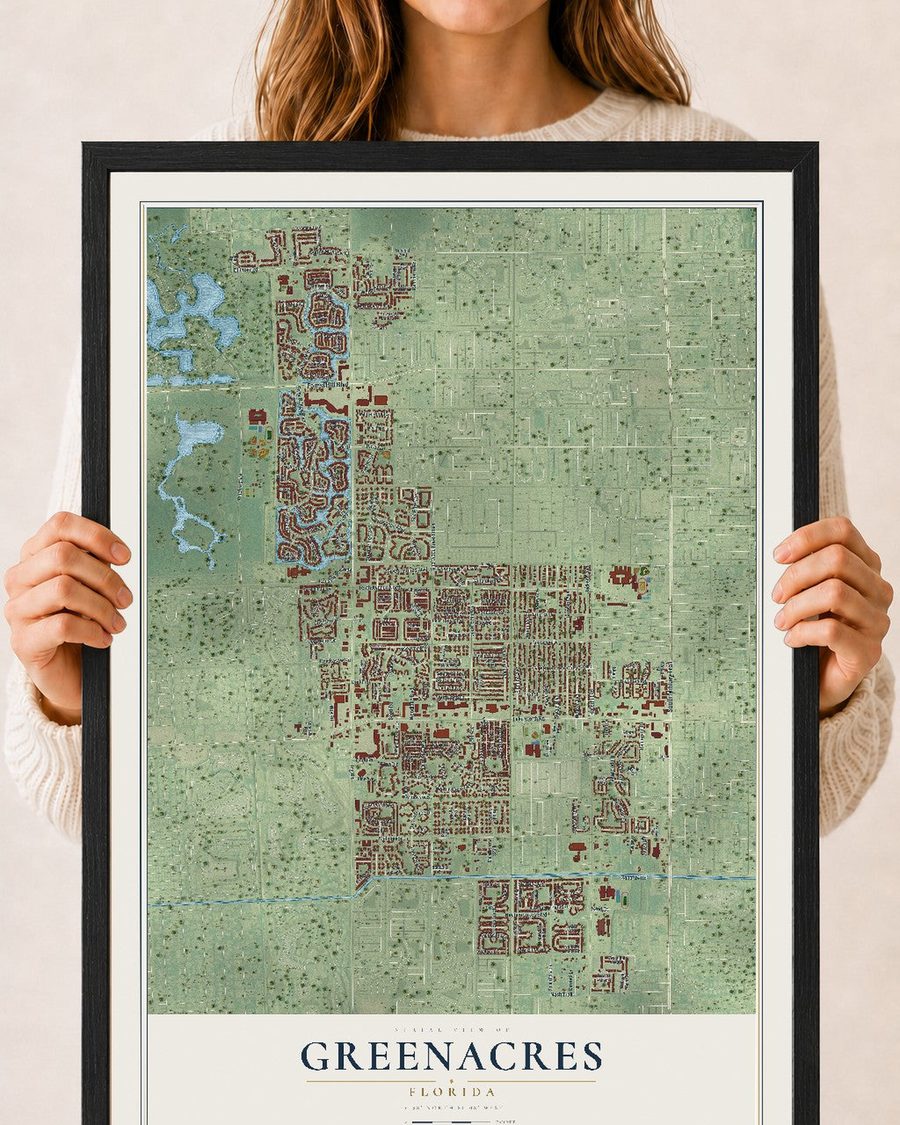Greenacres, Florida map print, 18 x 24 in, black wood frame