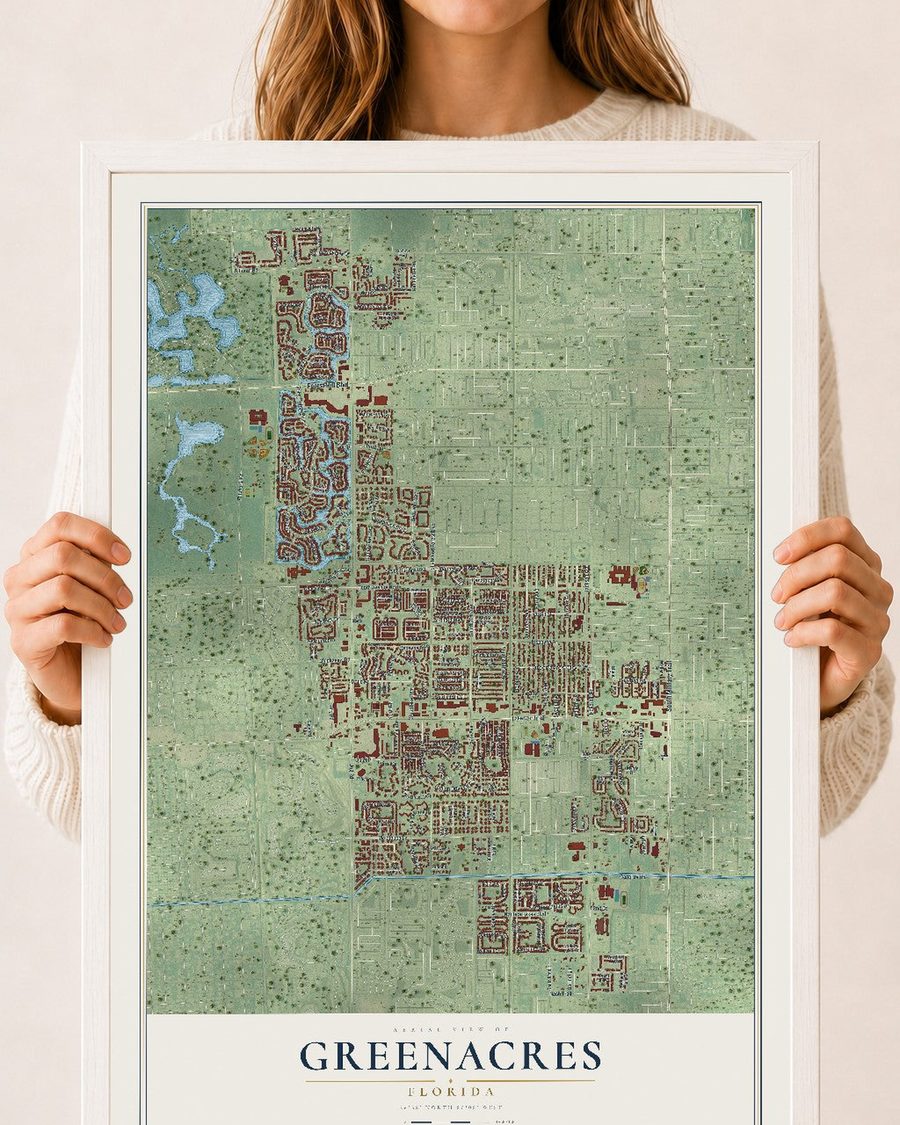 Greenacres, Florida map print, 18 x 24 in, white wood frame