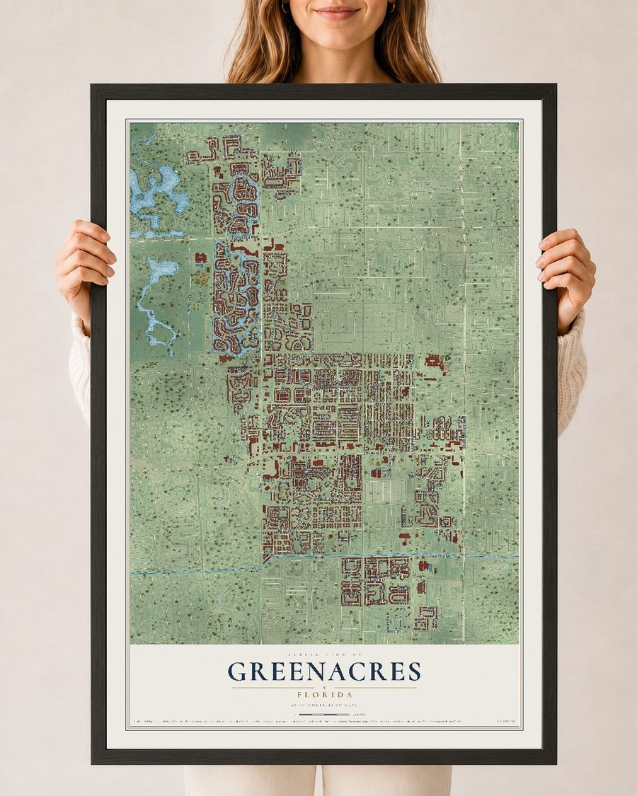 Greenacres, Florida map print, 24 x 36 in, black wood frame