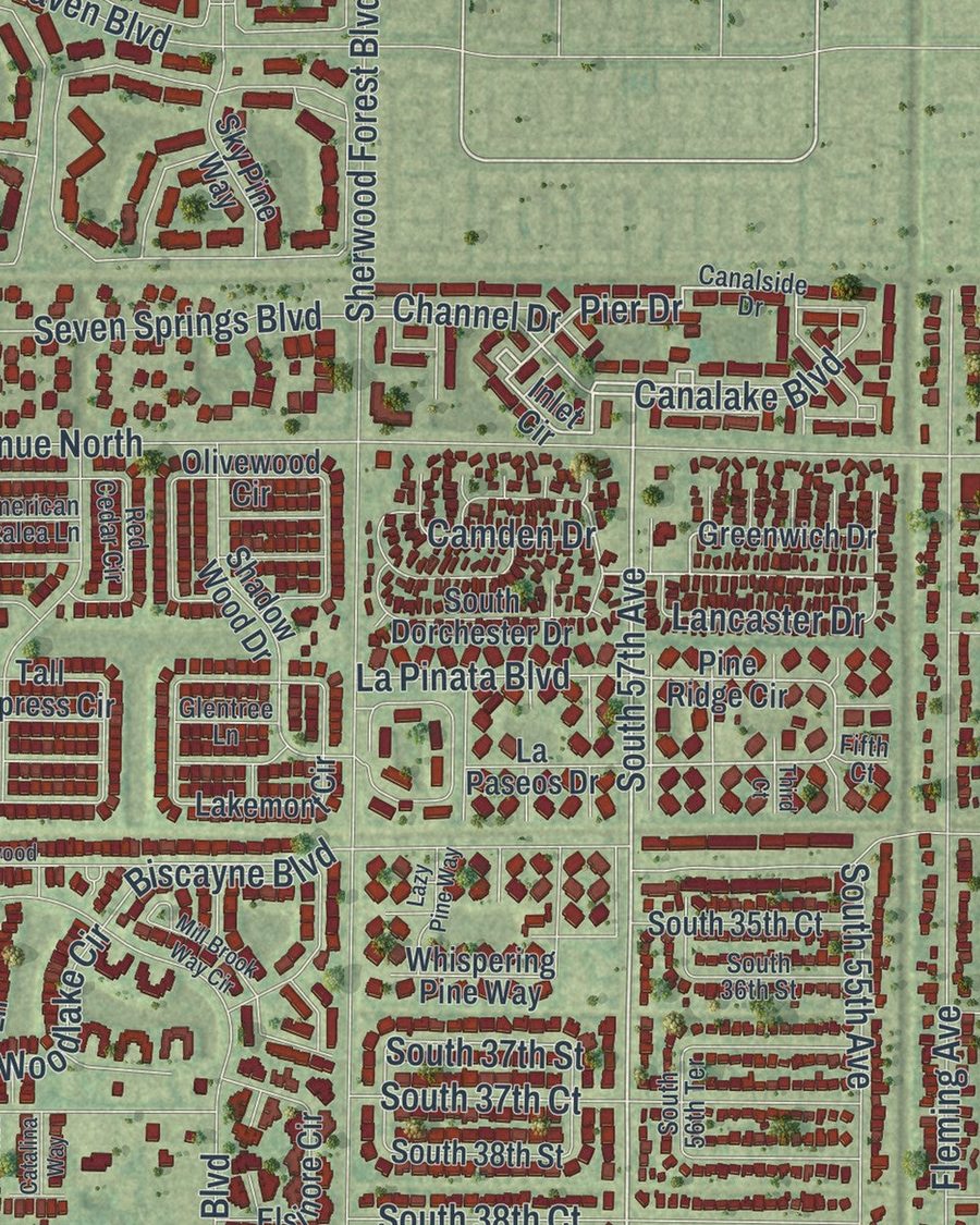 Close-up of Greenacres streets on the map