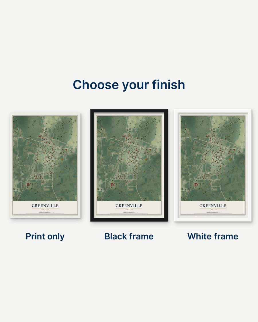 The Greenville, Florida map as a print only, in a black frame and in a white frame