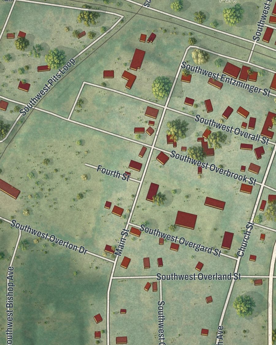 Close-up of Greenville streets on the map