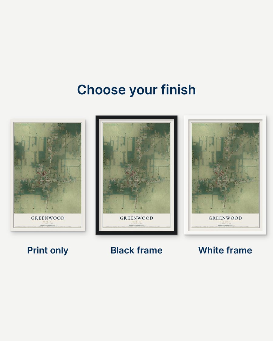 The Greenwood, Florida map as a print only, in a black frame and in a white frame