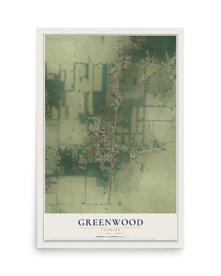 Greenwood, Florida map print, 12 x 18 in, print only