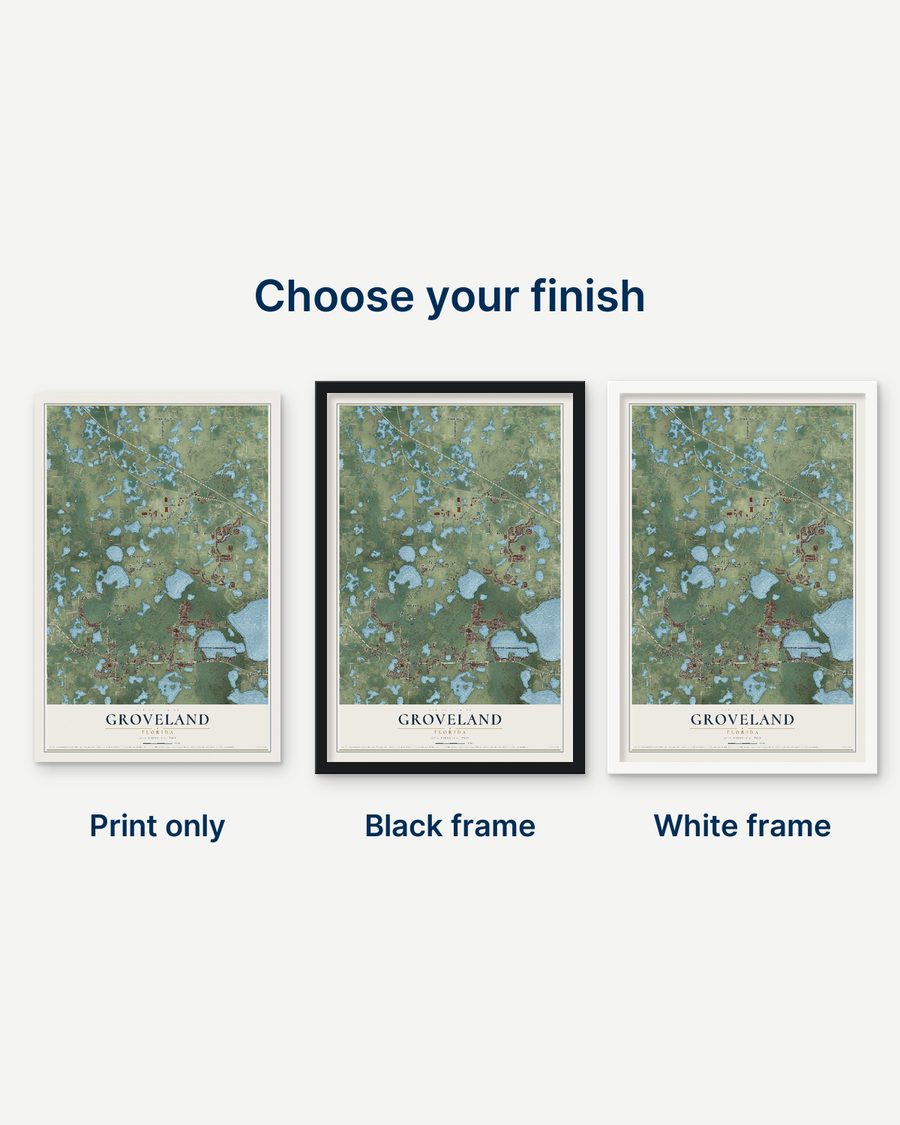 The Groveland, Florida map as a print only, in a black frame and in a white frame